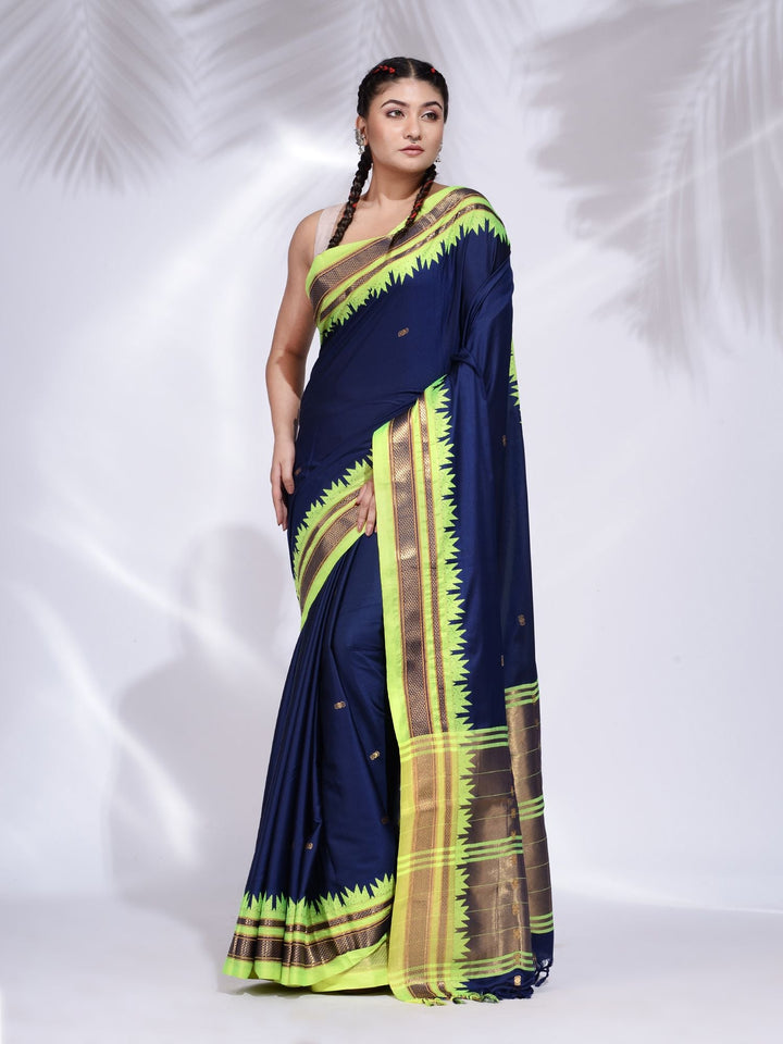 CHARUKRITI Navy Blue Silk Handwoven Soft Saree with Geometric Border with Unstitched Blouse