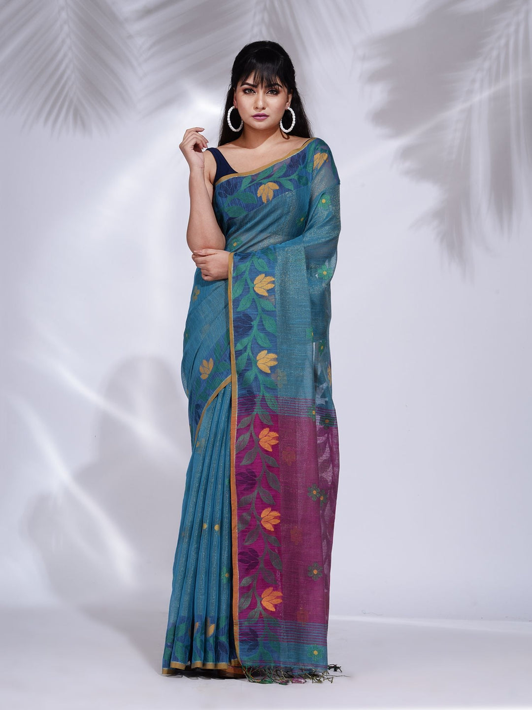 CHARUKRITI Teal Tissue Handwoven Soft Saree with Nakshi Border with Unstitched Blouse