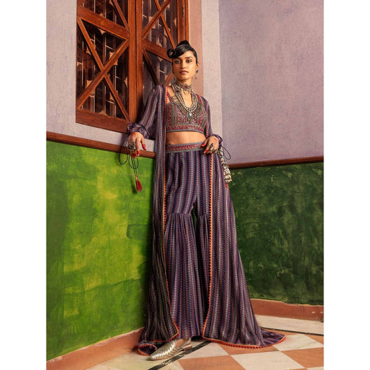 Nadima Saqib Blue Printed and Embroidered Jacket and Pant (Set of 3)