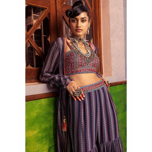 Nadima Saqib Blue Printed and Embroidered Jacket and Pant (Set of 3)