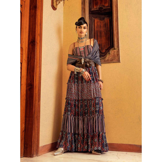 Nadima Saqib Blue Printed and Embroidered Skirt (Set of 3)