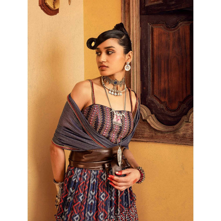 Nadima Saqib Blue Printed and Embroidered Skirt (Set of 3)