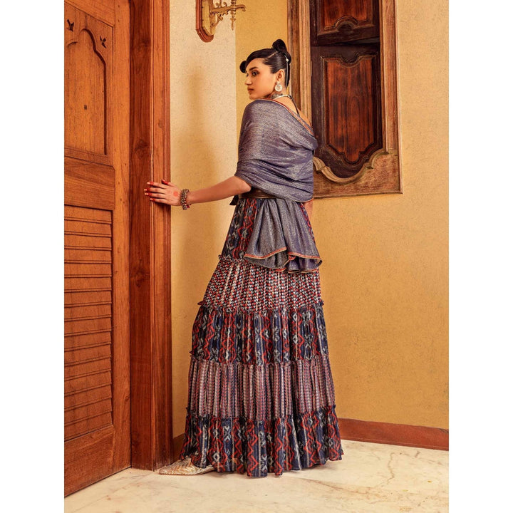 Nadima Saqib Blue Printed and Embroidered Skirt (Set of 3)