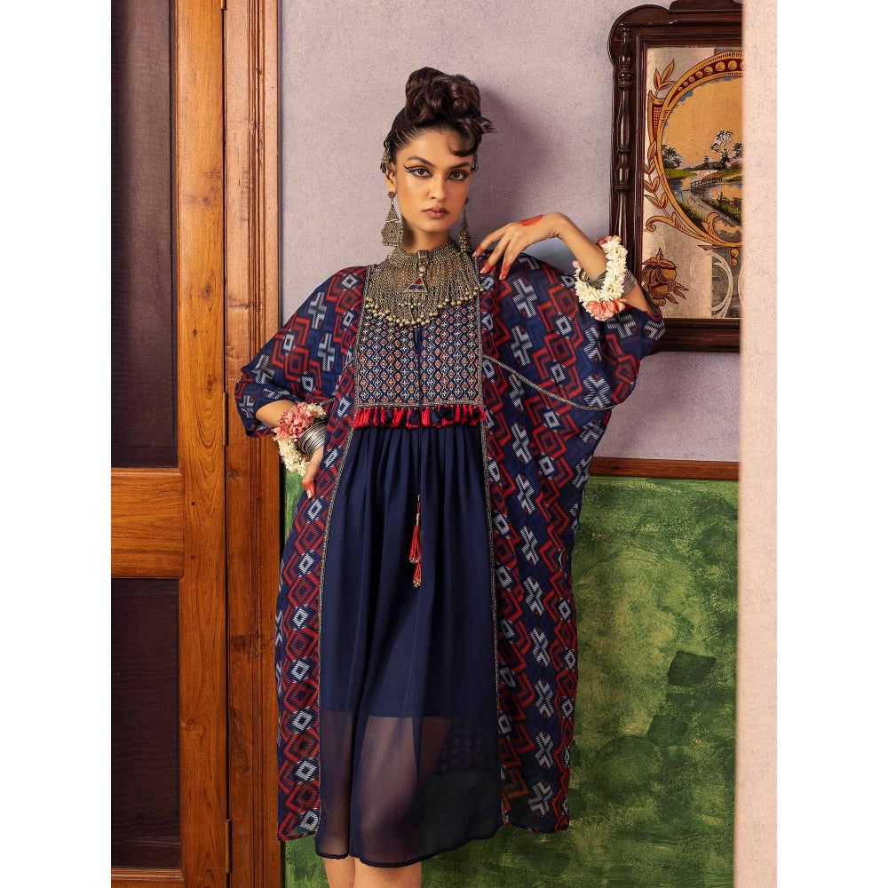 Nadima Saqib Blue Printed and Embroidered Tunic with Tasselled Yoke
