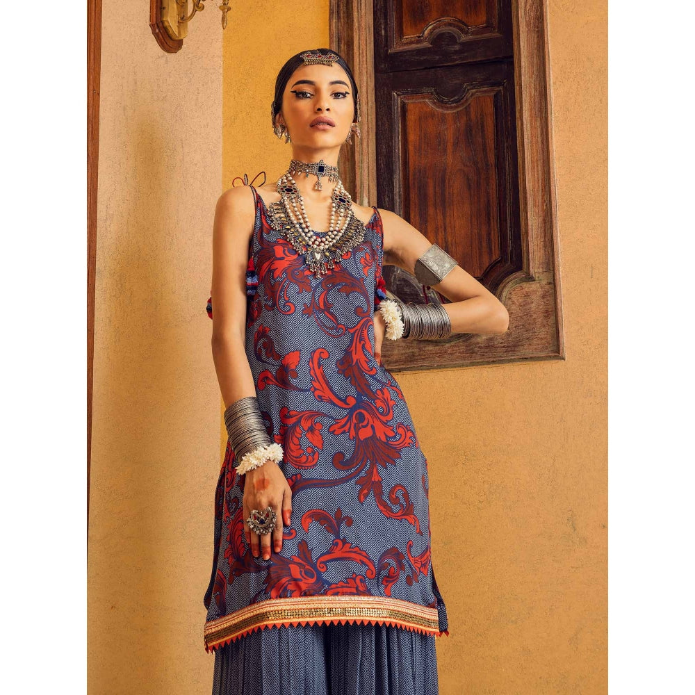 Nadima Saqib Blue Printed and Embroidered Sharara (Set of 3)