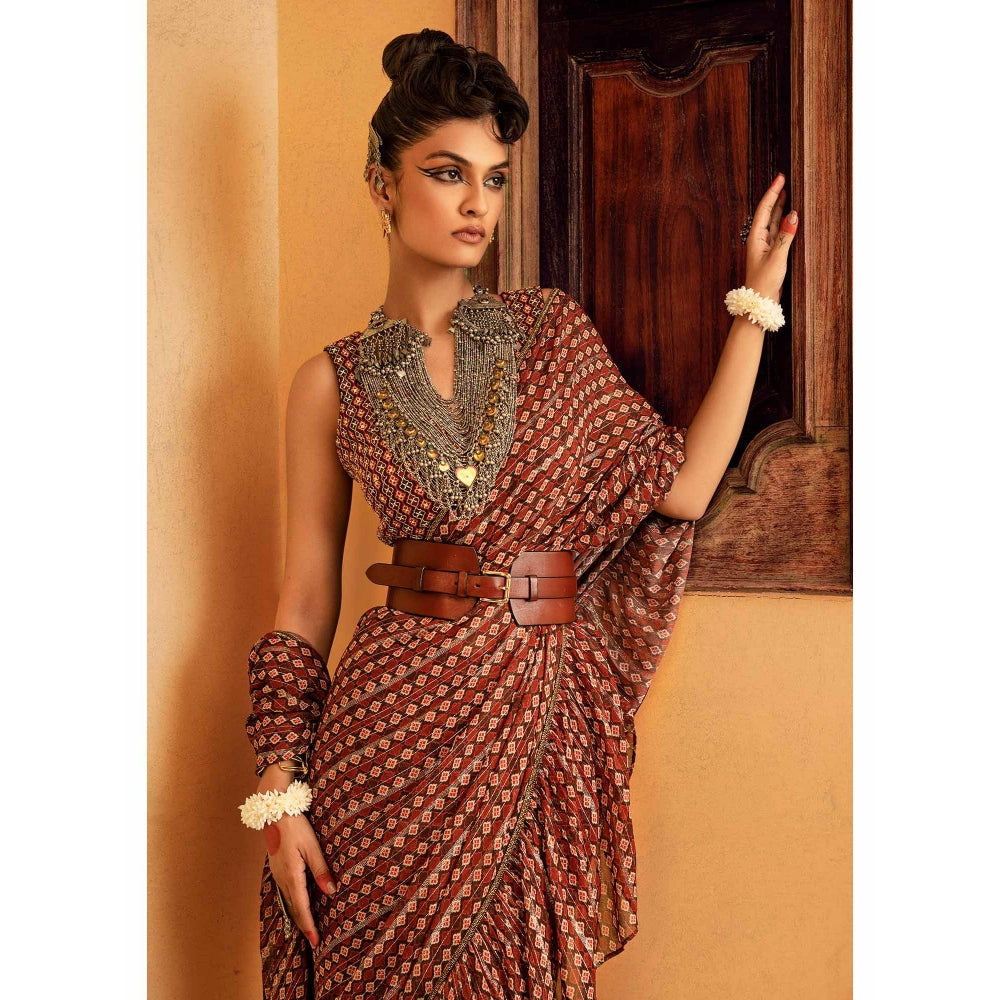 Nadima Saqib Brown Printed and Embroidered Saree with Stitched