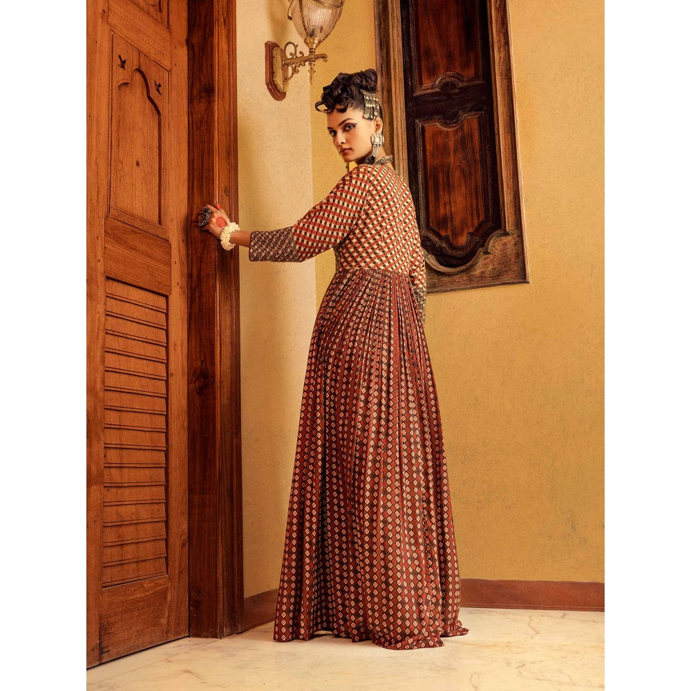 Nadima Saqib Brown Printed and Embroidered Maxi Dress