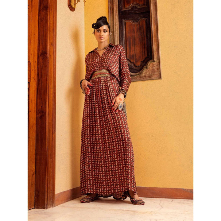 Nadima Saqib Brown Printed and Embroidered Shirt Collar Dress