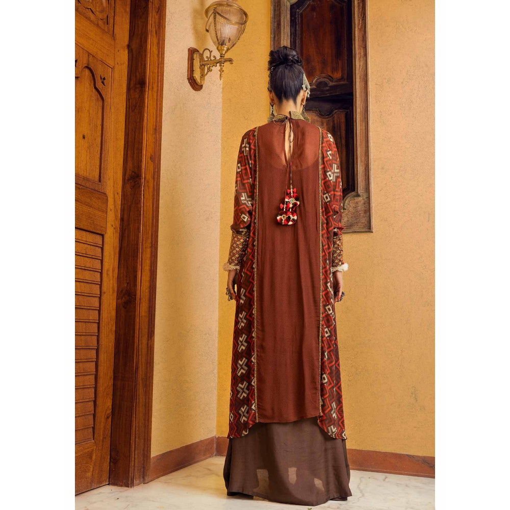 Nadima Saqib Brown Printed and Embroidered Calf Length Dress