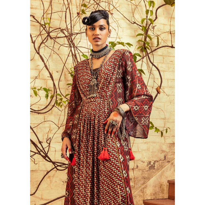 Nadima Saqib Brown Printed and Embroidered Bell Sleeves Dress