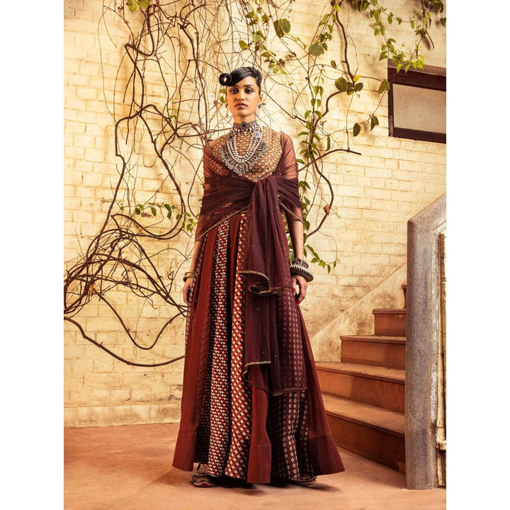 Nadima Saqib Brown Printed and Embroidered Skirt (Set of 3)
