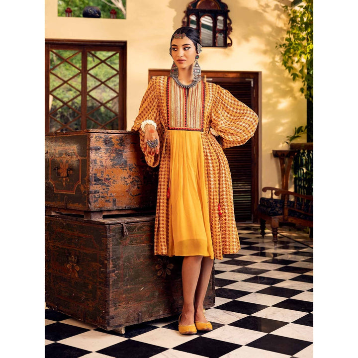 Nadima Saqib Yellow Printed and Embroidered Dress