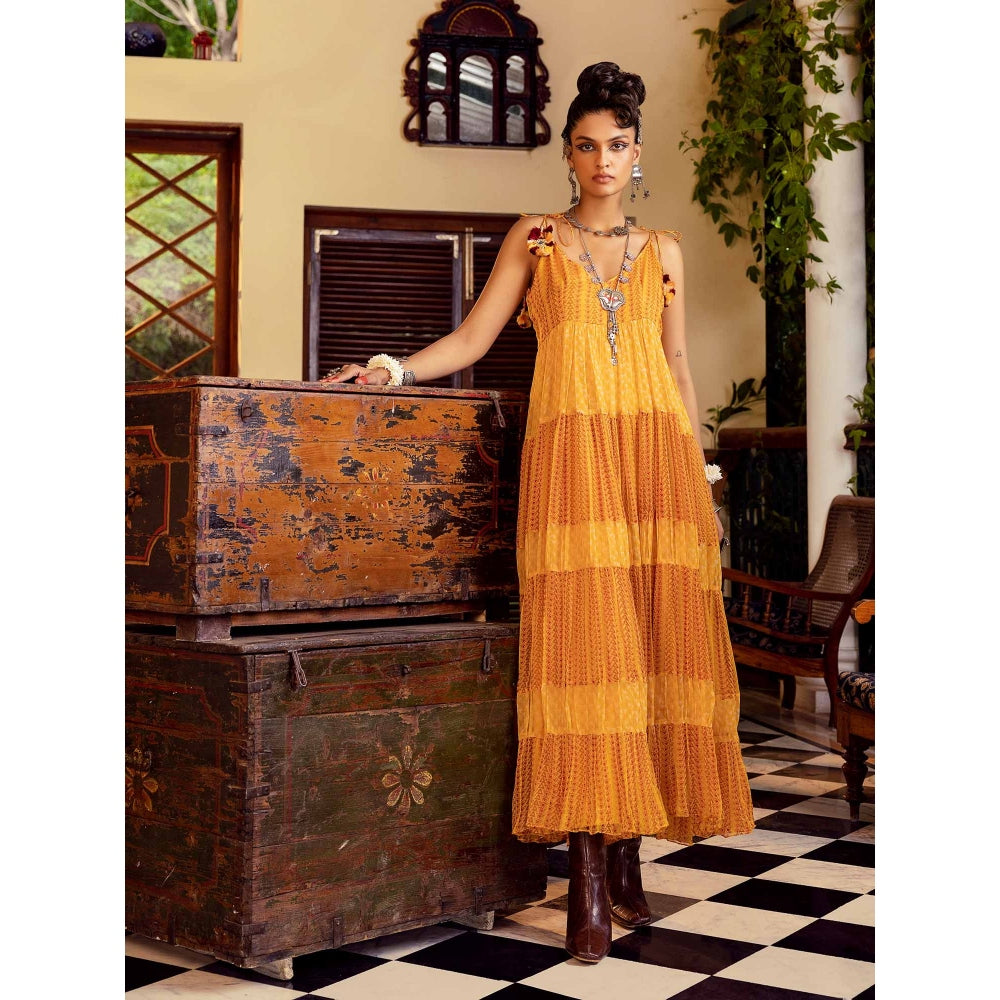 Nadima Saqib Yellow Printed Tiered Dress