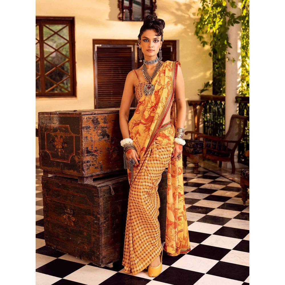 Nadima Saqib Yellow Printed and Embroidered Saree with Stitched Blouse