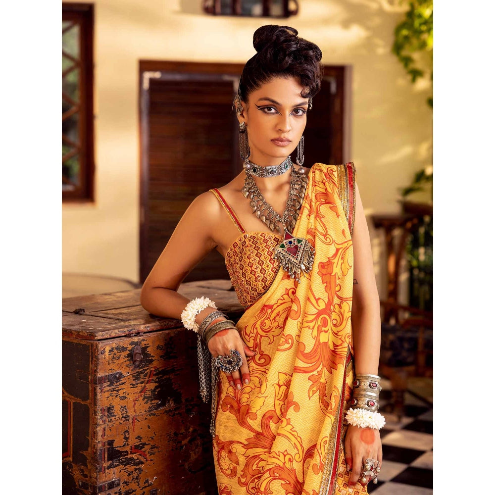 Nadima Saqib Yellow Printed and Embroidered Saree with Stitched Blouse