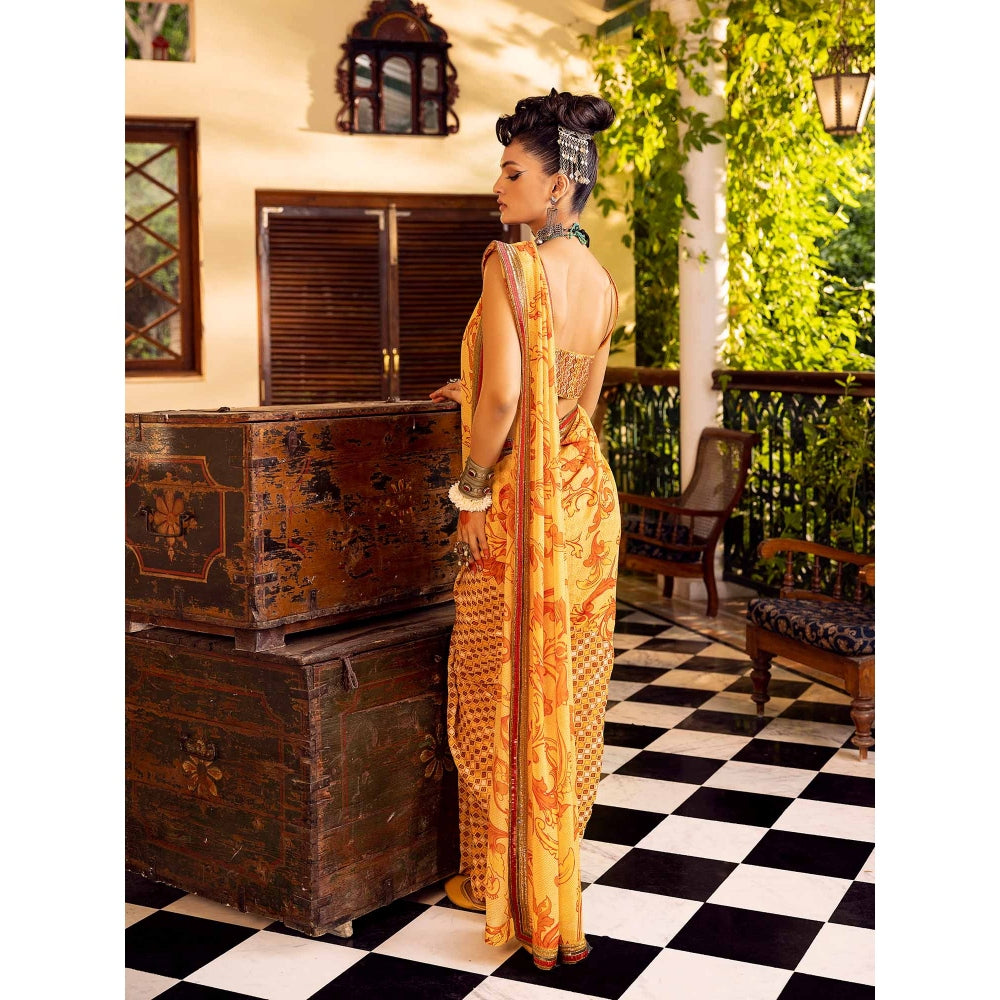 Nadima Saqib Yellow Printed and Embroidered Saree with Stitched Blouse