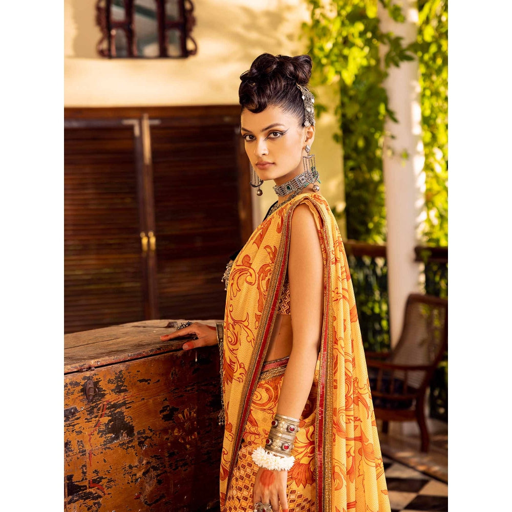 Nadima Saqib Yellow Printed and Embroidered Saree with Stitched Blouse