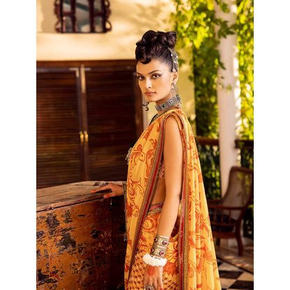 Nadima Saqib Yellow Printed and Embroidered Saree with Stitched Blouse