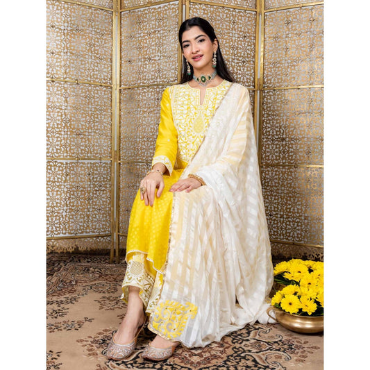 Nadima Saqib Yellow Embroidered Palazzo (Set of 3)