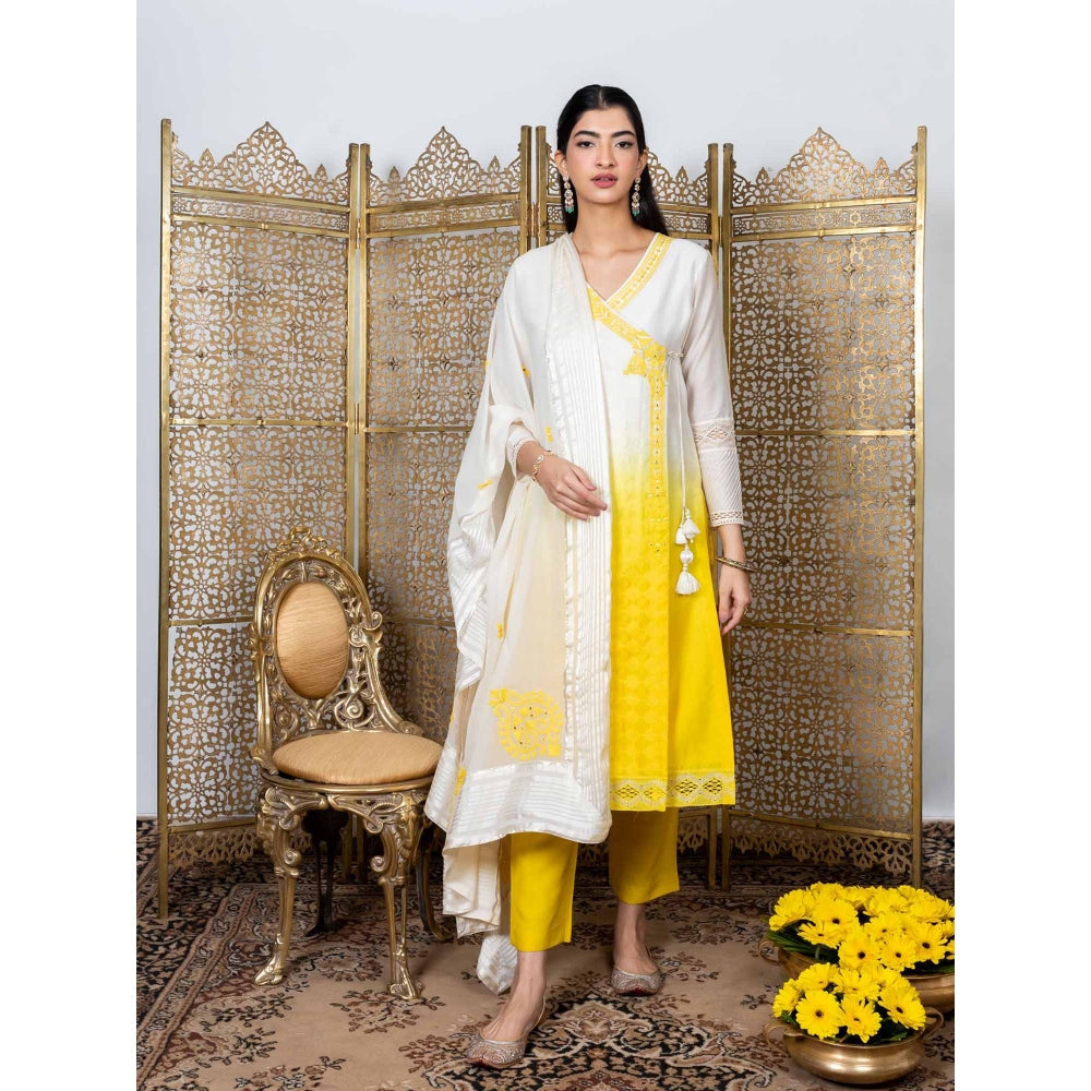 Nadima Saqib Yellow-White Embroidered Angrakha Kurta (Set of 3)