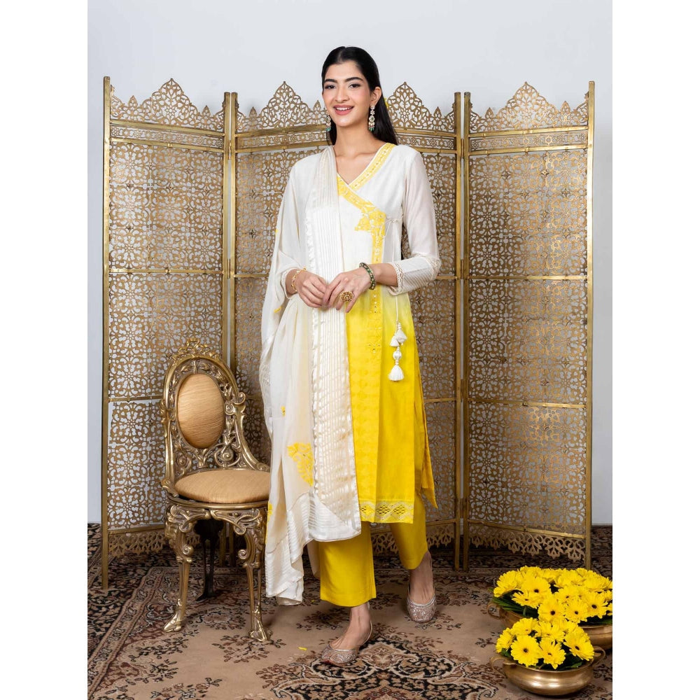 Nadima Saqib Yellow-White Embroidered Angrakha Kurta (Set of 3)
