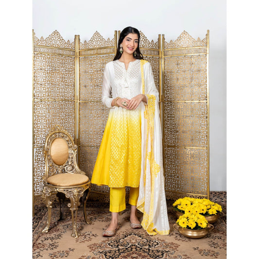 Nadima Saqib Yellow-White Embroidered Kurta (Set of 3)