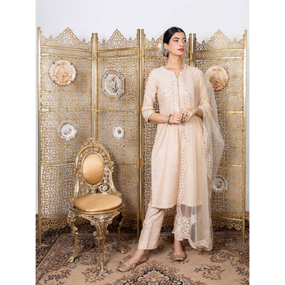 Nadima Saqib Beige Embroidered Kurta (Set of 3)