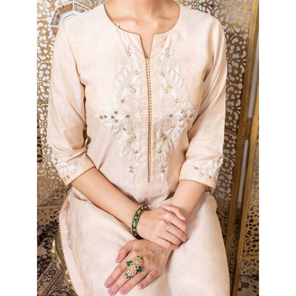 Nadima Saqib Beige Embroidered Kurta (Set of 3)