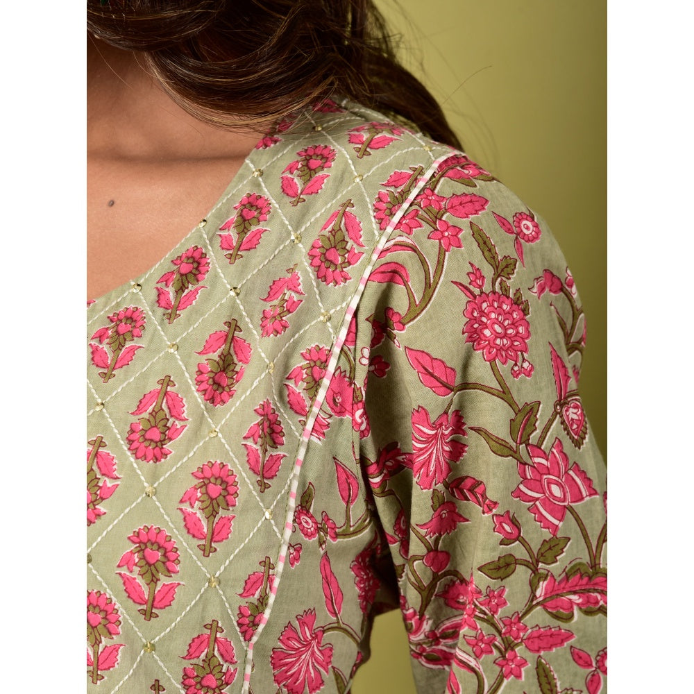 Naksh Jaipur Grey And Pink Printed Kurta With Pants (Set of 2)
