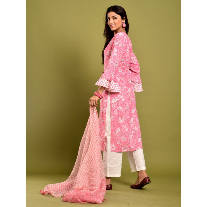 Naksh Jaipur Pink And White Jaal Print Kurta & Dupatta (Set of 2)