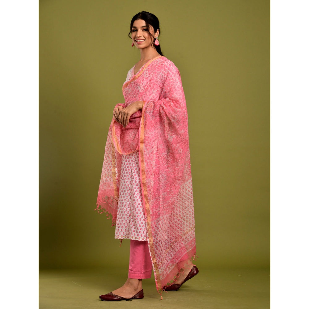 Naksh Jaipur Pink And White Booti Print Kurta & Dupatta (Set of 2)