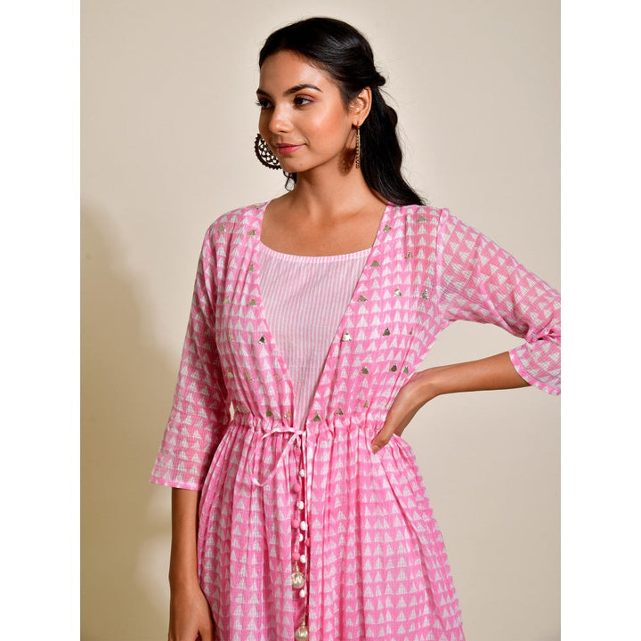 Naksh Jaipur Light Pink Striped Sleeveless Kurta with Kota Printed Jacket (Set of 2)