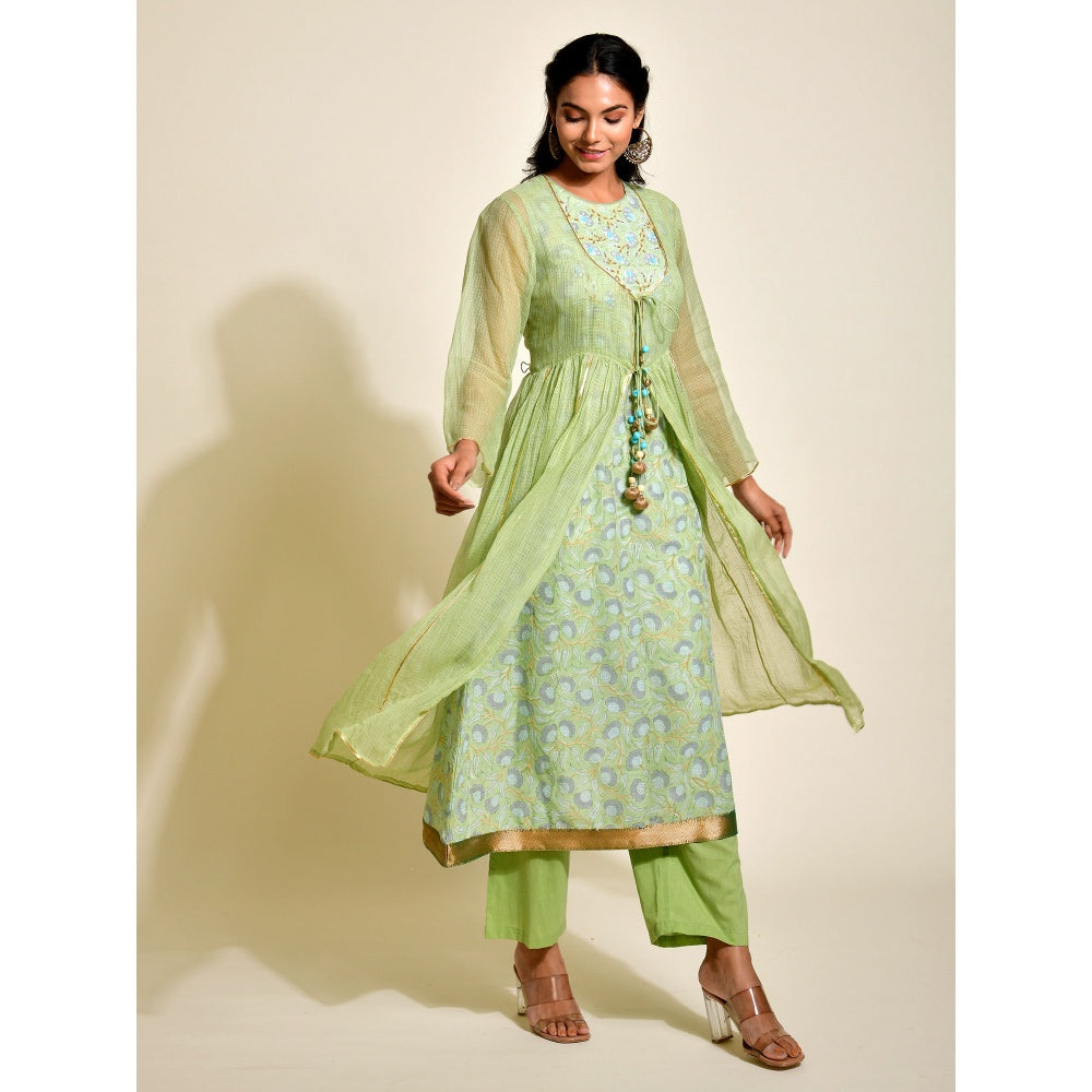 Naksh Jaipur Green Solid Kota Doriya Jacket with Block Printed Inner and Solid Pant (Set of 3)
