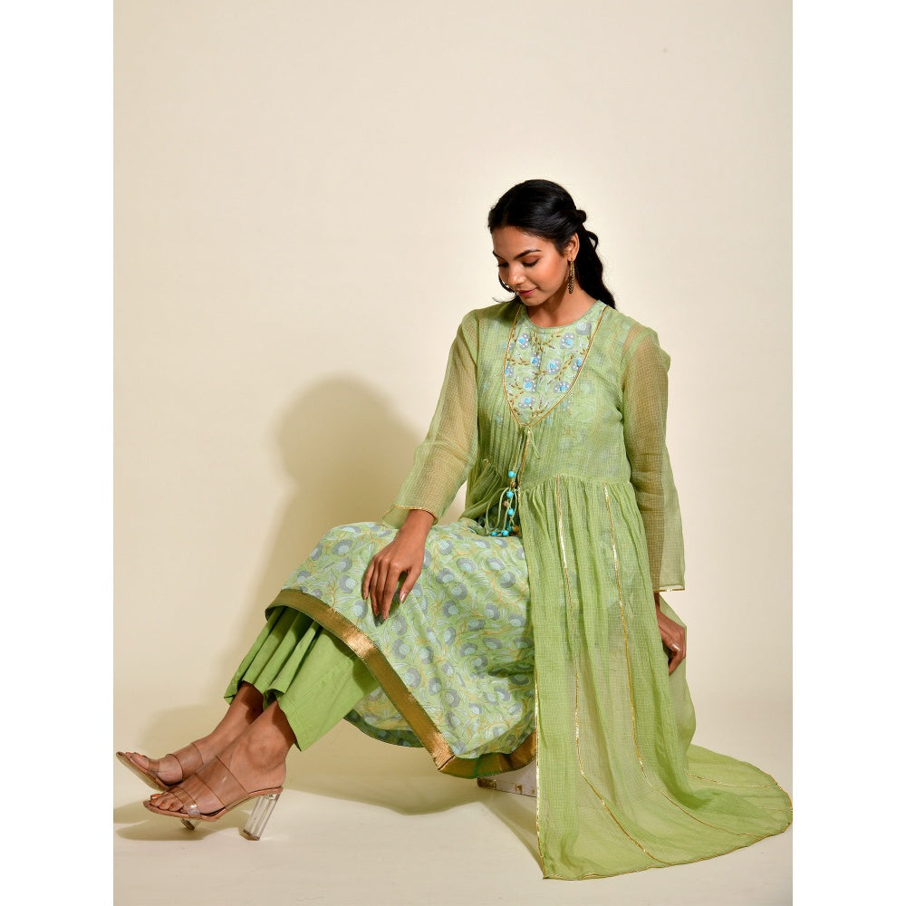 Naksh Jaipur Green Solid Kota Doriya Jacket with Block Printed Inner and Solid Pant (Set of 3)
