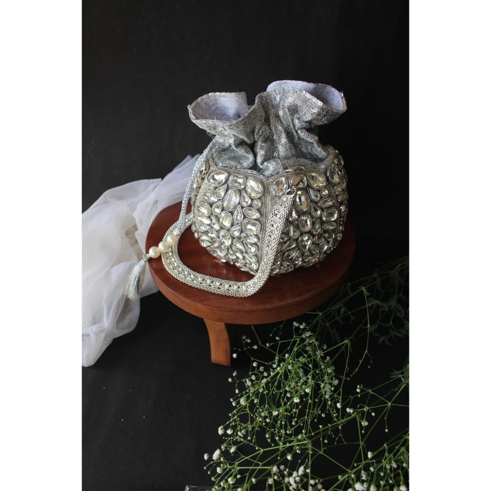 Nayaab by Sonia Diamond Bucket Silver Potli Bag for Women