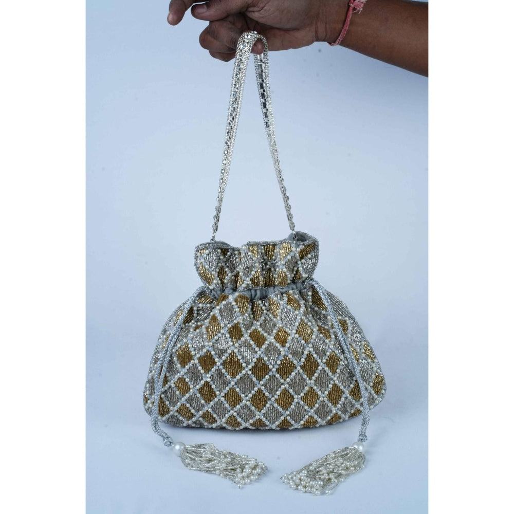Nayaab by Sonia Auric Criss Cross Silver Potli Bag for Women