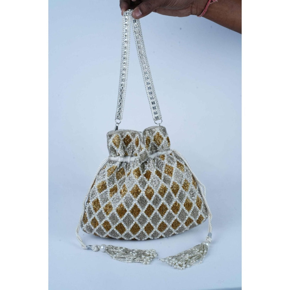 Nayaab by Sonia Auric Criss Cross White Potli Bag for Women