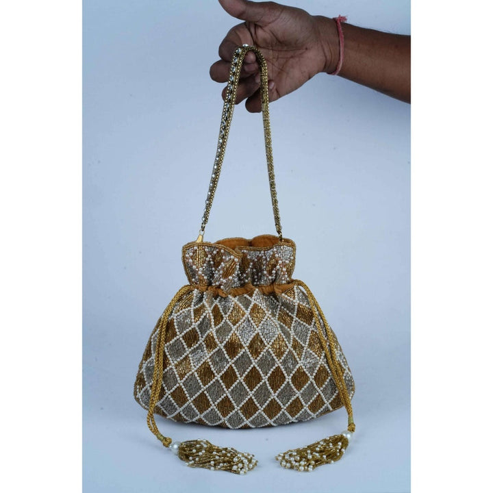 Nayaab by Sonia Auric Criss Cross Gold Potli Bag for Women