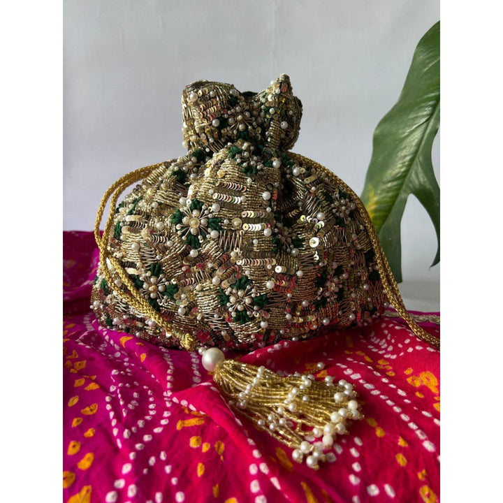 Nayaab by Sonia Green and Gold Summer Bloom Leafy Potli for Women