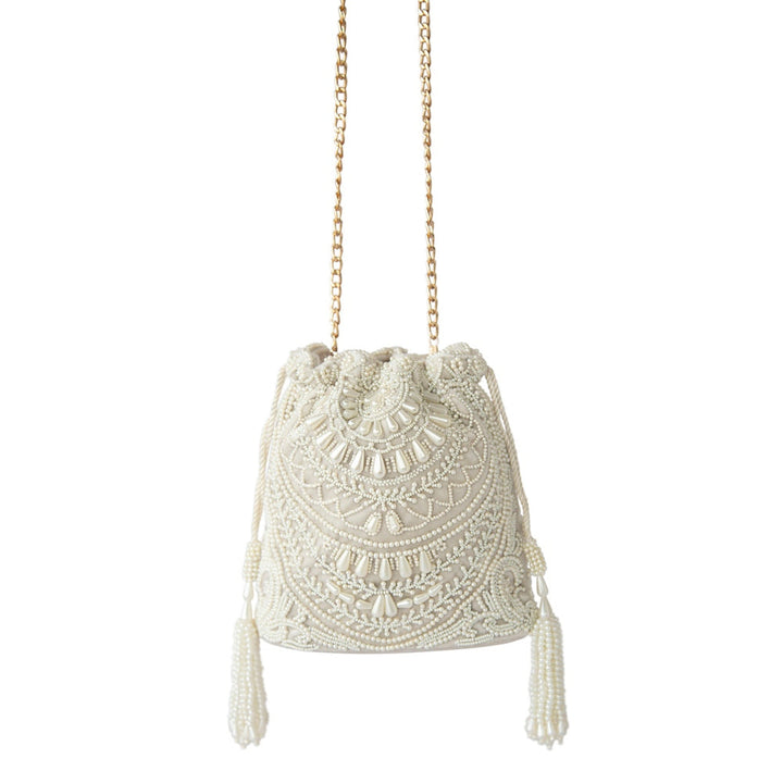 Adora By Ankita Cream Velvet Pearl Necklace Bag