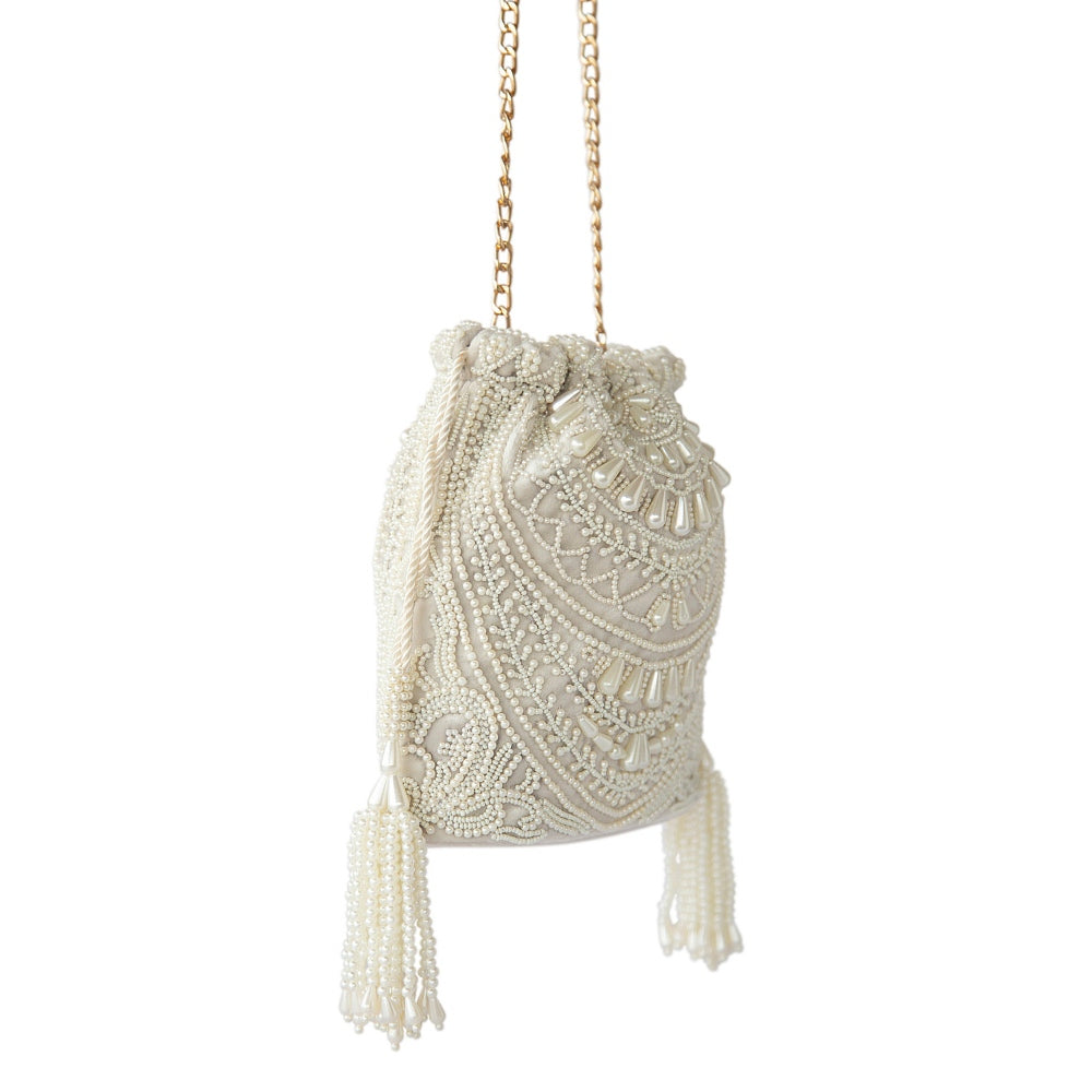 Adora By Ankita Cream Velvet Pearl Necklace Bag