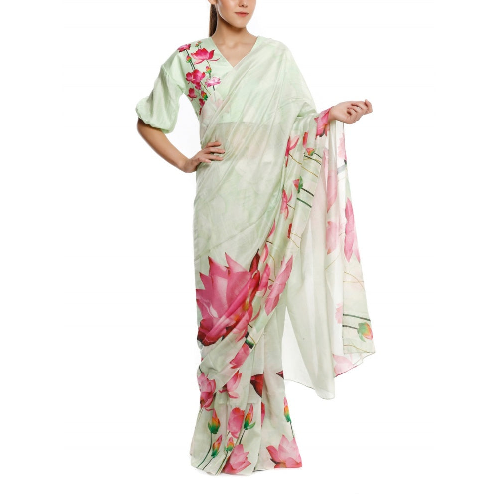 Masaba Mint Lotus Saree With Lotus Print Blouse