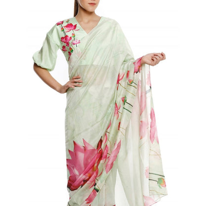 Masaba Mint Lotus Saree With Lotus Print Blouse