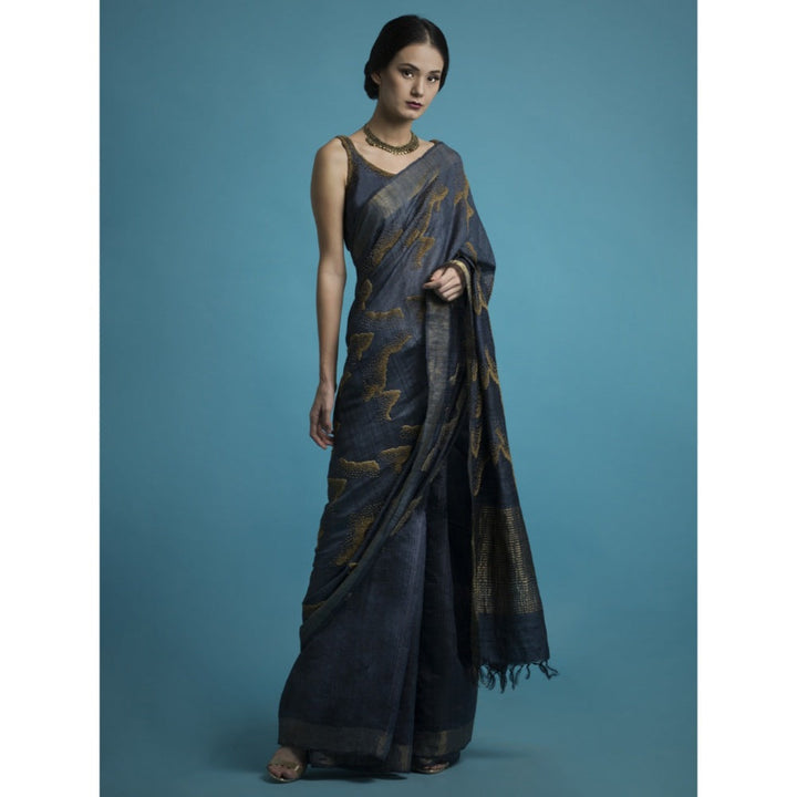 Saksham & Neharicka Blue Embroidered Silk Saree With Blouse Piece