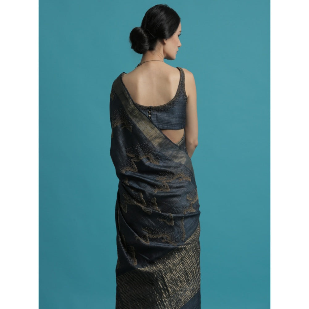 Saksham & Neharicka Blue Embroidered Silk Saree With Blouse Piece