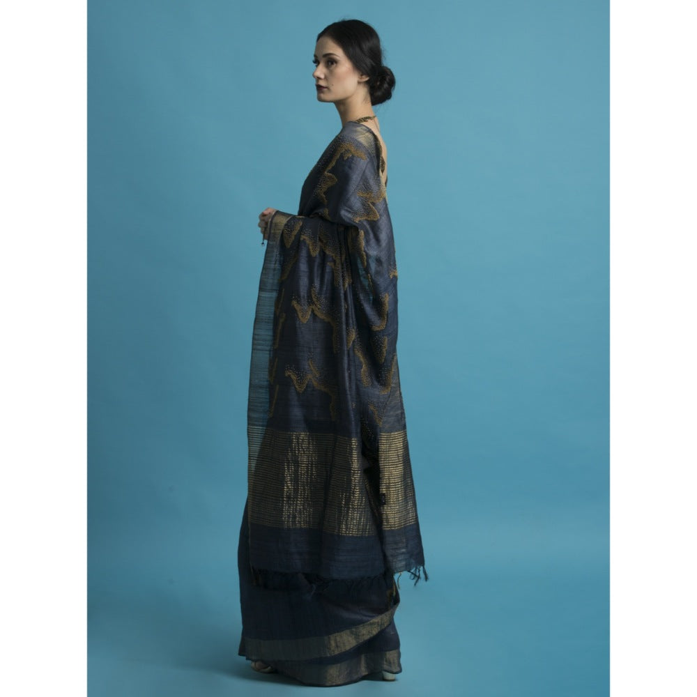 Saksham & Neharicka Blue Embroidered Silk Saree With Blouse Piece