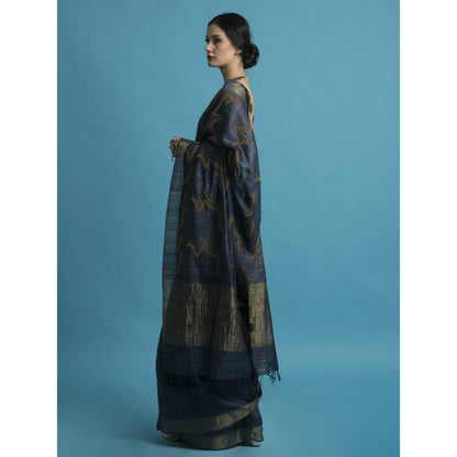 Saksham & Neharicka Blue Embroidered Silk Saree With Blouse Piece