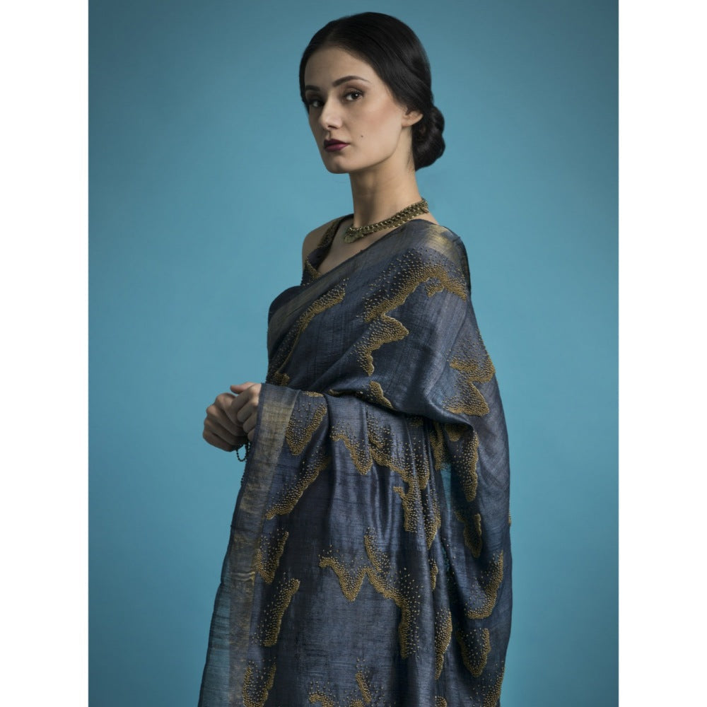 Saksham & Neharicka Blue Embroidered Silk Saree With Blouse Piece
