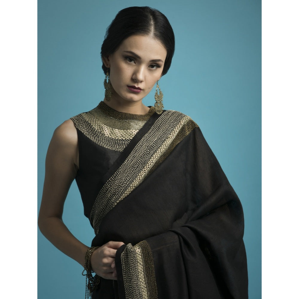 Saksham & Neharicka Black Embroidered Silk Saree With Blouse Piece