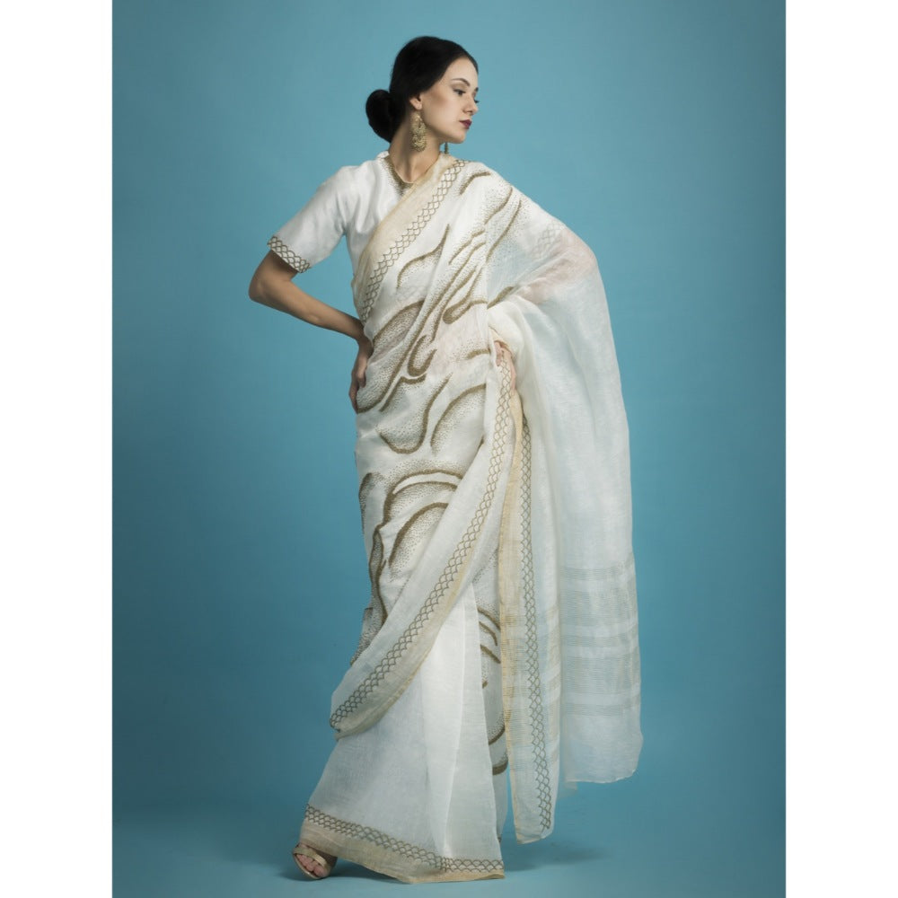 Saksham & Neharicka Ivory Embroidered Linen Silk Saree With Blouse Piece